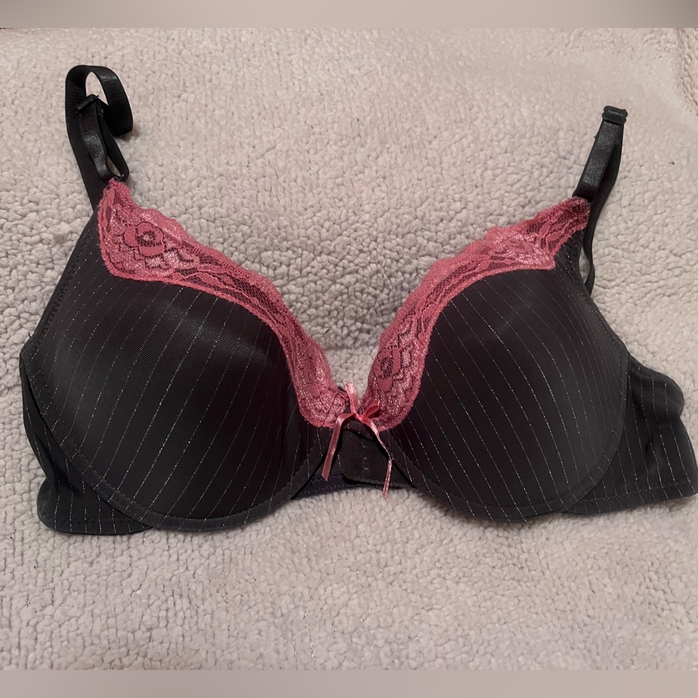 Grey Pinstripe and Pink Lace Trim Bra
